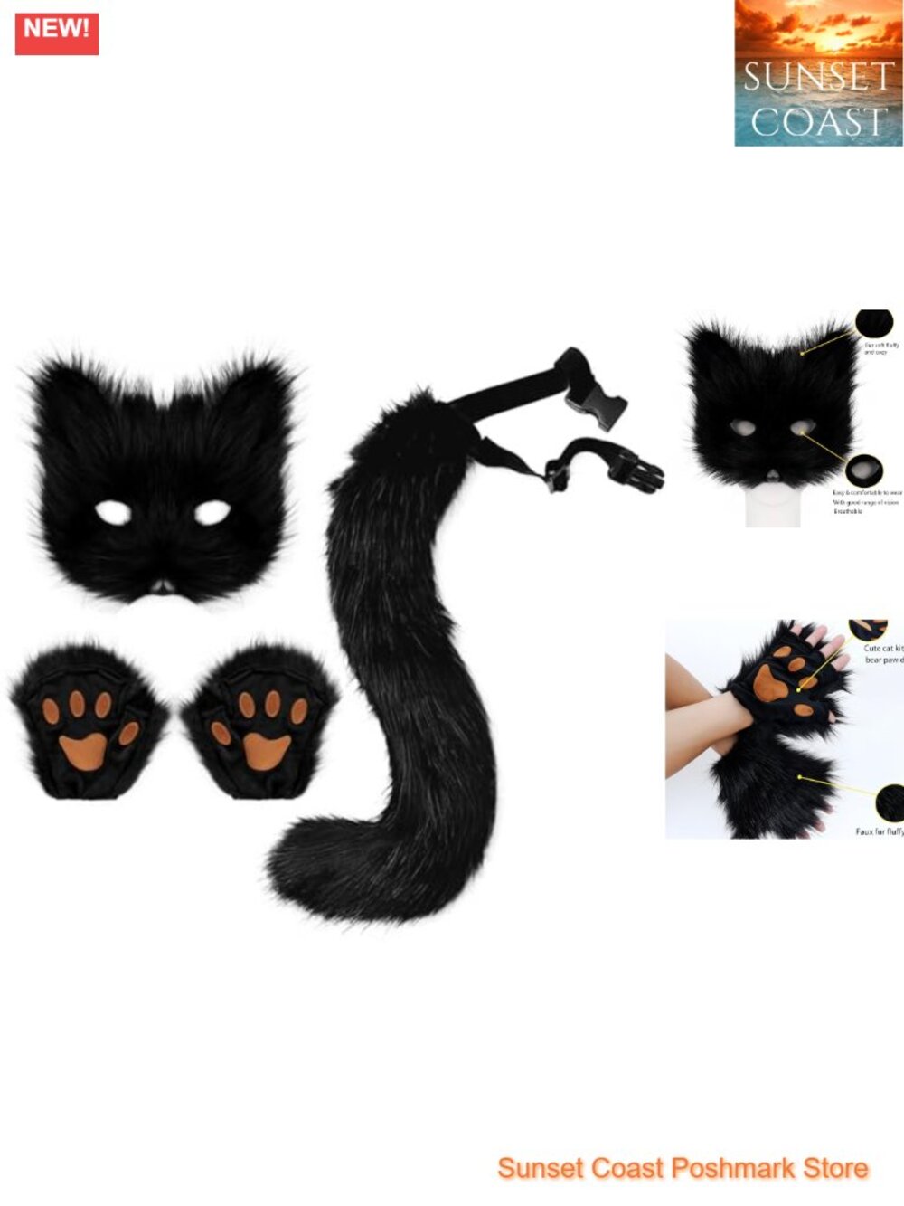 Faux Fur Fox Tail Cat Wolf Set Plush Mask Fluffy Paw Gloves Halloween Costume